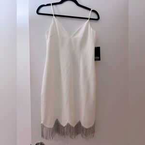 NWT - Aidan Mattox White Crepe Sheath Dress with Fringe